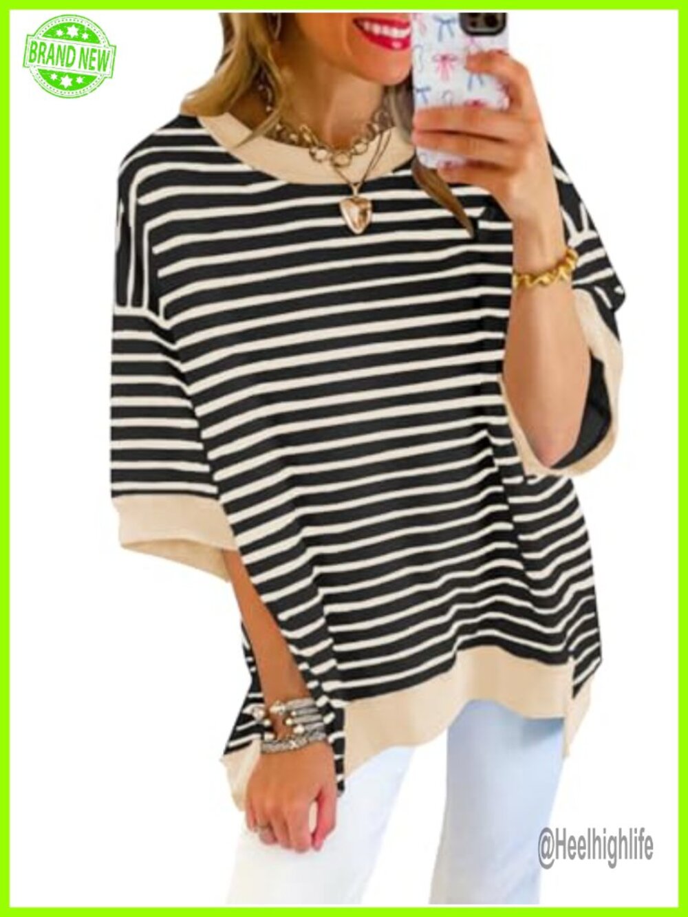 Oversized Striped Short Sleeve Crewneck Sweatshirt Loose Casual Pullover Top